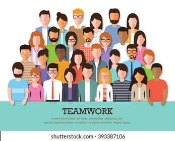 Group of businessman and businesswoman, people at work with teamwork banner on white background. Business team and teamwork concept in flat design  people characters.