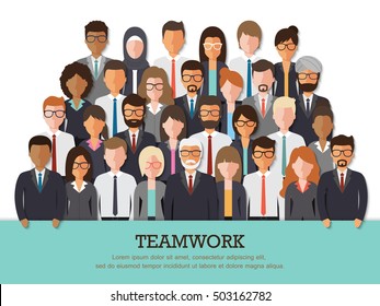 Group Of Businessman And Businesswoman, People At Work With Teamwork Banner On White Background. Business Team And Teamwork Concept In Flat Design People Characters.