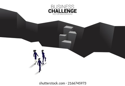 group of businessman and businesswoman walking on step forward to abyss. concept of business challenge and courage man