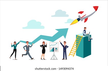 Group of businessman characters are thinking over an idea. prepare a business project start up. rise of the career to success, flat color icons, business analysis. 	
vector illustration.