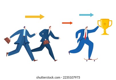 Group of businessman colleague rivalry, teamwork success business leader boss hold golden cup flat vector illustration, isolated on white.