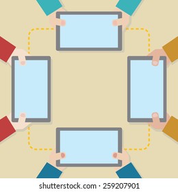 Group of businessman hands holding digital tablet computer, vector format