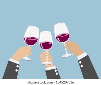 Group of businessman hands toasting glass of red wine. Isolated on light blue background. Vector Illustration. Idea for festival, celebrations and successful on business cooperation.