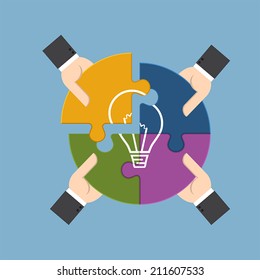 Group of businessman holding pieces of jigsaw puzzle bearing a light bulb, represent for team support, brainstorm or success to find  perfect idea concept. 