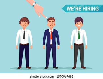 Group of businessman isolated on background. Hiring of candidate. Surprised happy man. Job interview, recruitment, search employer. Human resource HR. Vector cartoon design 