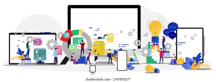 Group Businessman and Lady  contact technology Smart watch,  Smart Phone, Tablet, Laptop, Computer,for Startup success with  group analysts working graphs creativity.