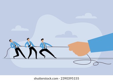 Group of businessman pulling a rope against with a giant hand