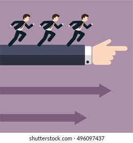 Group of businessman running in the same direction with big businessmans hand pointing to, business concept in leadership leading guideline to followers