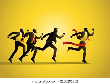 Group of businessman running towards red ribbon. Business people concepts for success. 
