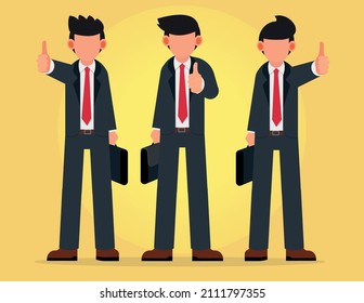 Group businessman showing thumbs up gesture. Successful business people characters standing gesturing businessman showing positive feedback. 