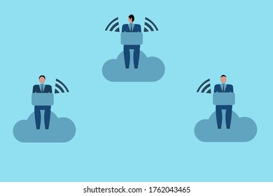 A Group of Businessman sitting on cloud computing and They can do  business everywhere.
