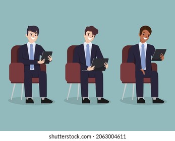 Group of businessman sitting at sofa. Seminar meeting office people. Flat cartoon illustration vector design.