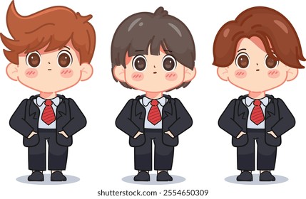 Group of businessman smiling character in black suit. illustration vector hand drawn premium.