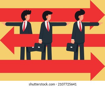 Group of businessman standing between arrows. Teamwork and colleague, Concept business vector illustration.