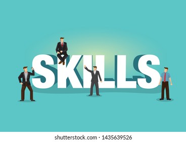 Group of businessman standing and sitting around the giant font skills. Concept of business skill development or knowledge management. Flat isolated vector illustration.