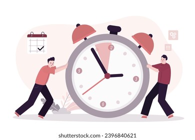 Group of businessman is trying to stop time. Business deadline, time management, clock concept, timer delay work. Workflow, office day. Modern flat vector illustration