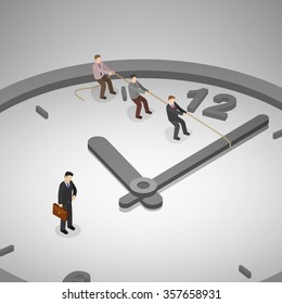 A Group Of Businessman Trying To Turn Back Time By Pulling On A Rope Attached To The Hands Of A Clock. Time Management Business Concept. Isometric Illustration Vector EPS 10.