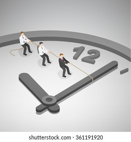 A Group Of Businessman Trying To Turn Back Time By Pulling On A Rope Attached To The Hands Of A Clock. Time Management Business Concept. Isometric Illustration Vector EPS 10.