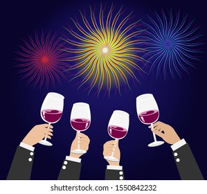 Group of businessman's hands toasting glass of red wine with beautiful fireworks in dark blue sky at night background. Vector Illustration. Idea for wine party,celebrate on holidays,new year festival.