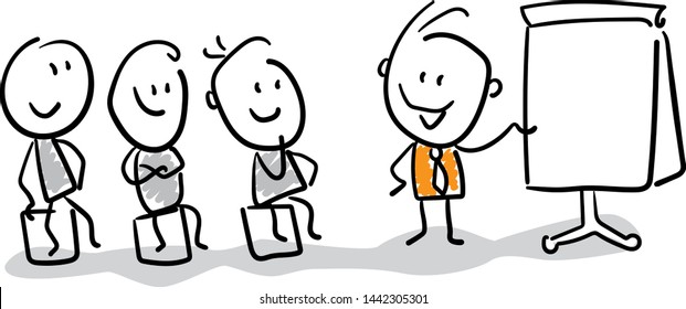 Grupo de empresarios hablando de estrategia laboral. Dibujo manual aislado de objetos vectoriales estilo Doodle. Personaje de diseño de dibujos animados en línea