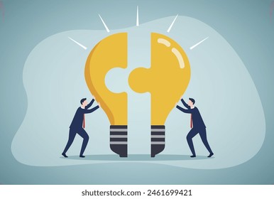 A group of businessmen associate the idea of a light bulb puzzle. business strategy, teamwork concept vector illustration.