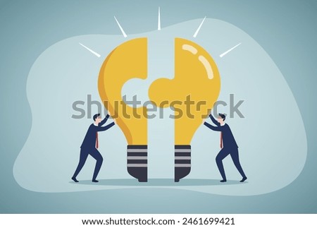 A group of businessmen associate the idea of a light bulb puzzle. business strategy, teamwork concept vector illustration.
