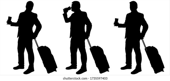 Group of businessmen with baggage on wheels. In their hands they hold a container, a mug, a packaging with a drink. Business trip. Three black male silhouettes isolated on a white background. Vector.