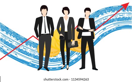 Group of businessmen - bitcoin, red arrow - isolated on white background - art vector Business and finance concept