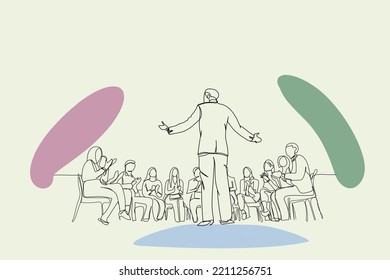 Group Of Businessmen And Business Women Discussing Ideas. Corporate Meeting. Office Setting Briefing And Leadership Line Art Vector Graphic. Boss. Leader. Employee And Employer 