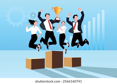 A group of businessmen are celebrating after winning a trophy as an award for their business success.Cheering together to achieve team success.Business man celebrating business success with colleagues