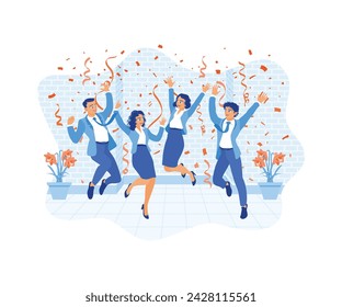 A group of businessmen celebrating a party. Have fun and dance together while throwing confetti. Celebration concept. Flat vector illustration.