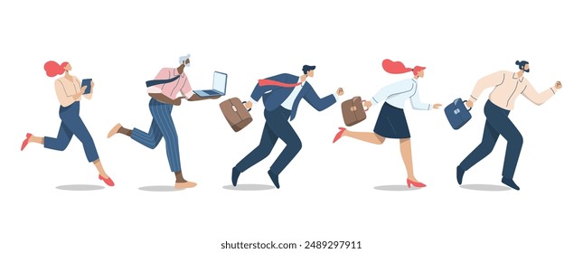 Group of businessmen or company employees running fast, Business competition, Rushing to opportunity or success, Set of character businessman run towards goal. Vector design illustration.