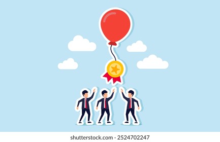 A group of businessmen competing for an award medal attached to a floating balloon string, an illustration of business competition to become a leading player in their field