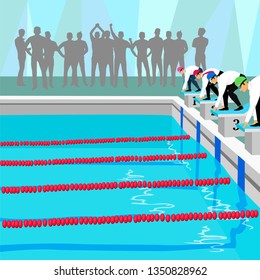 a group of businessmen competing in the pool. teamwork. the concept of office work
