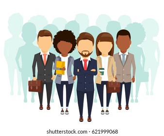 A group of businessmen are depicted without faces. The concept of working with the leader. Business, trade, Finance. Social group. In flat style on white background.