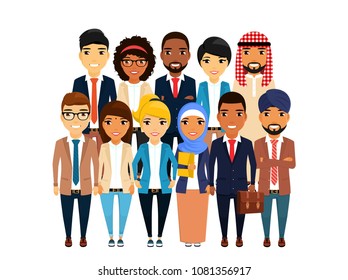 A group of businessmen of different nationalities are arranged in two rows. Business without borders. Business concept. Flat style on white background. Cartoon.