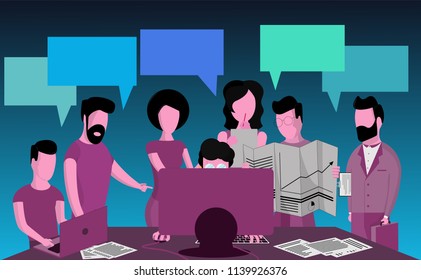 A group of businessmen discusses the project, news, social network, brainstorming, ideas. Windows for text, speech dialogue bubbles. Business concept, vector illustration in a flat style