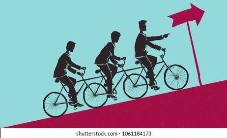 Group of businessmen drive a tandem bicycle together uphill and the sign in front of them shows forward - teamwork concept, blue and red textured background