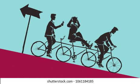 Group of businessmen drive a tandem bicycle together downhill and the sign in front of them shows backward - disfunctional teamwork concept, blue and red textured background