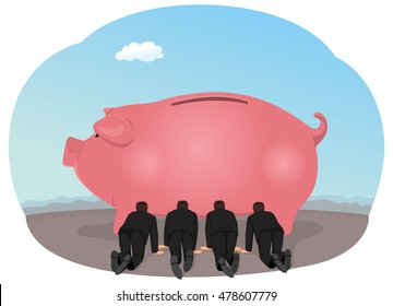 Group of businessmen feeding from piggy bank. Savings and earnings. Crisis economy.