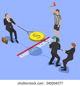 A group of businessmen fighting over money, pulling the gold coin with a dollar sign to opposite sides and judge with a red flag for business competition design. Isometric flat style illustration. 