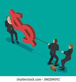 A group of businessmen fighting over money, pulling the dollar sign to opposite sides, for business competition design. Isometric flat style illustration. 