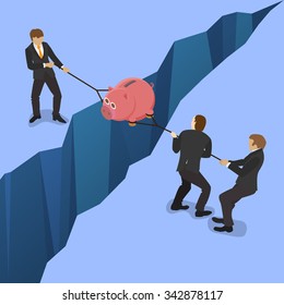 A group of businessmen fighting over money, pulling the piggy bank with money to opposite sides over a precipice, for business competition design. Isometric flat style illustration. 