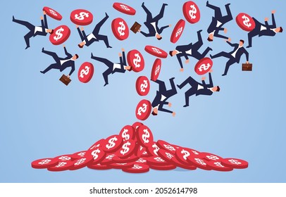 A group of businessmen and a group of gold coins are falling together, business concept illustration.