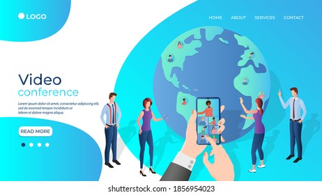 A group of businessmen hold an online video conference using a smartphone.Hands of a person with a smartphone on the background of the planet Earth.modern technologies of remote work and freelancing
