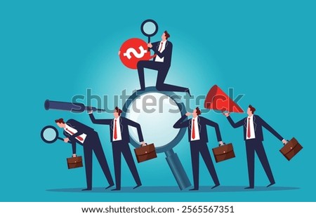 a group of businessmen looking through binoculars and magnifying glasses