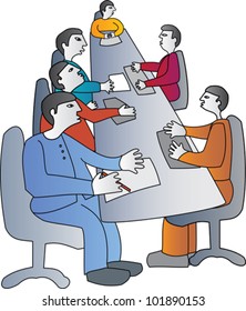 Group of businessmen meeting and discussing at a table