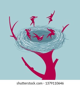 A group of businessmen are in the nest. Isolated on blue background.