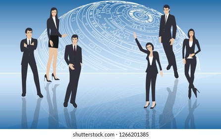 Group of businessmen on the background of the globe with a symbol of technical progress - vector.