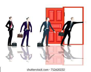 Group of Businessmen and open door, representing the opportunities and success in career. Business concept illustration